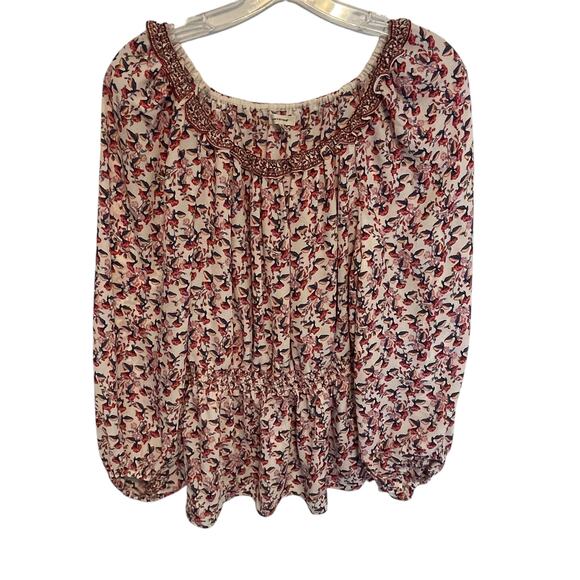 Max Studio Floral Blouse Womens Large Cream Red Smocked Waist Peplum Top - Picture 2 of 12